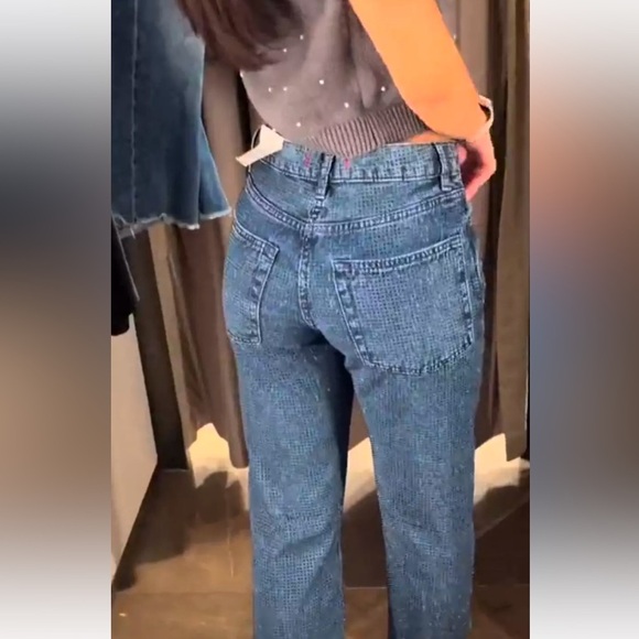 Zara ZW Collection Bootcut High Waist Rhinestone Sparkly Jeans Blue 2449/252 NWT - Picture 5 of 11